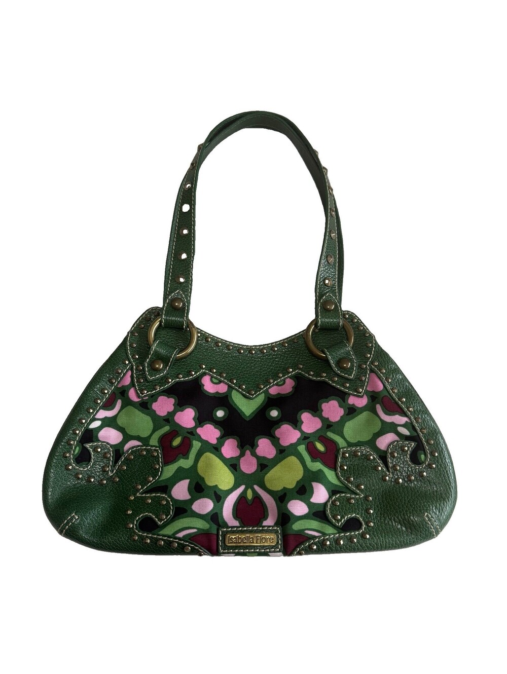 Isabella Fiore Green Floral Abstract Studded Gold Shoulder Bag Rare Vintage Y2K